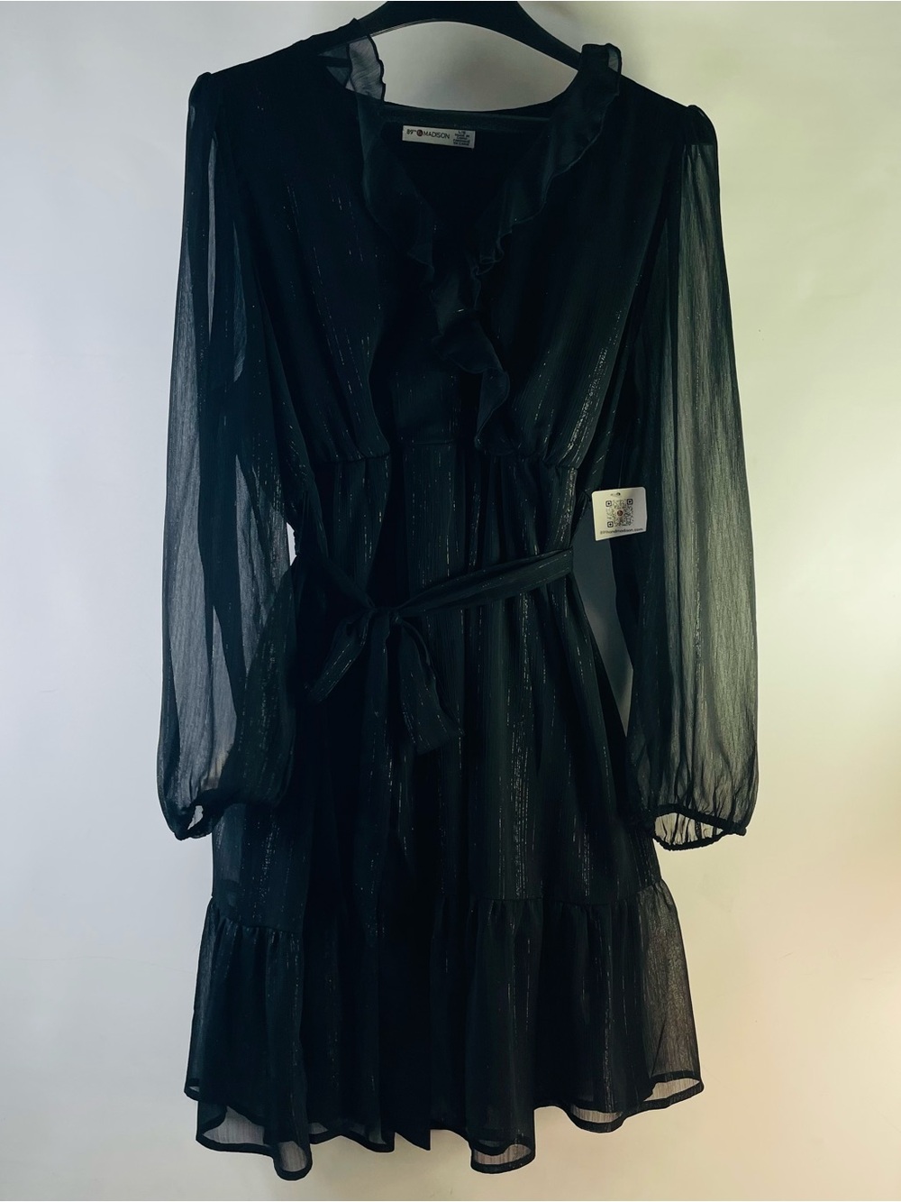 89th & Madison Black Shimmer Ruffle Wrap Mini Dress Brand New Size LG